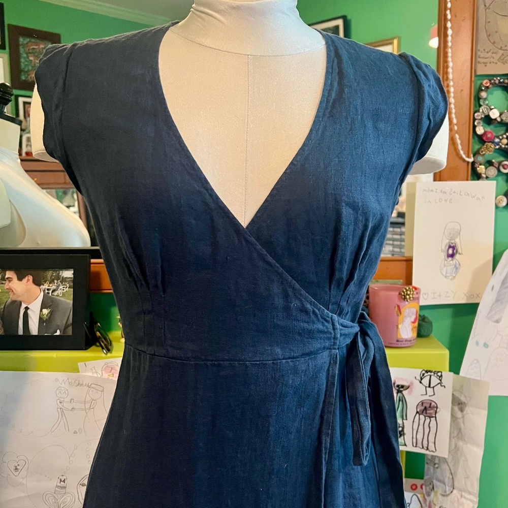 Reformation Navy Blue Linen Wrap Dress